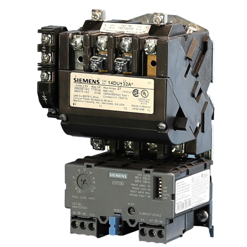 14DUD32AA Siemens Non-Reversing Motor Starter 240 V 27 A 14 kA 8.6 W 10 hp 3 Pole Three Phase Screw 110 to 240 V Coil