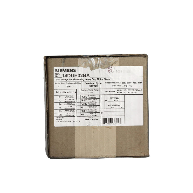 14DUE32BA Siemens Non-Reversing Motor Starter 240 V 27 A 14 kA 8.6 W 7.5 hp 3 Pole Three Phase Screw 110 to 240 V Coil