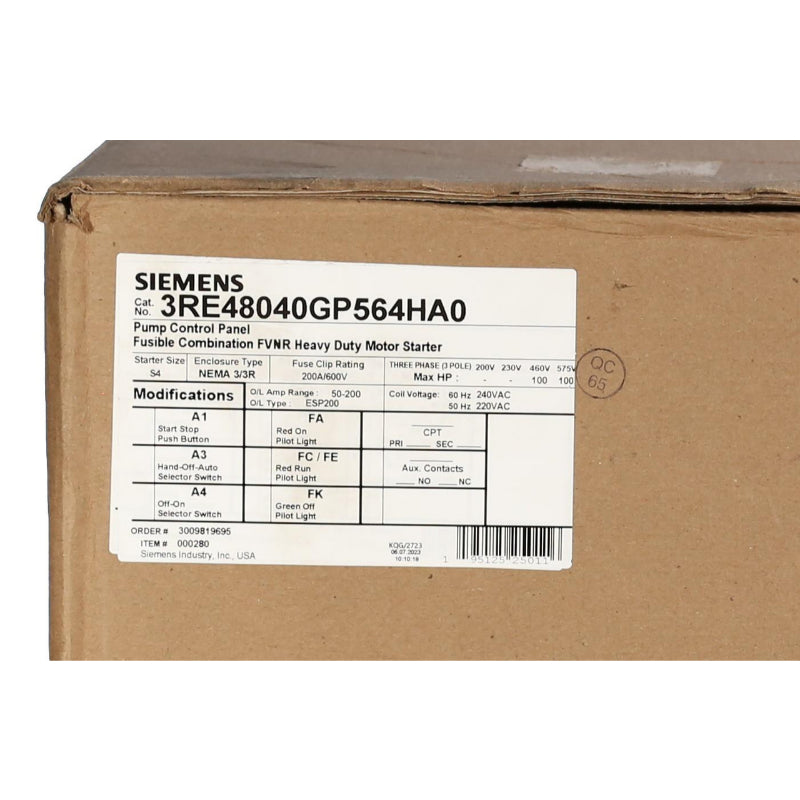3RE48040GP564HA0 Siemens Pump Control Panel 600 V 135 A 100 kA 5.2 W 100 hp 3 Pole Three Phase Screw 240 V Coil