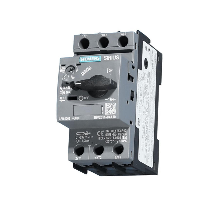 3RV20110KA10 Siemens 3RV2 Motor Protection Circuit Breaker Thermal Magnetic 690 V 1.25 A 3 Pole Instantaneous 100 kA