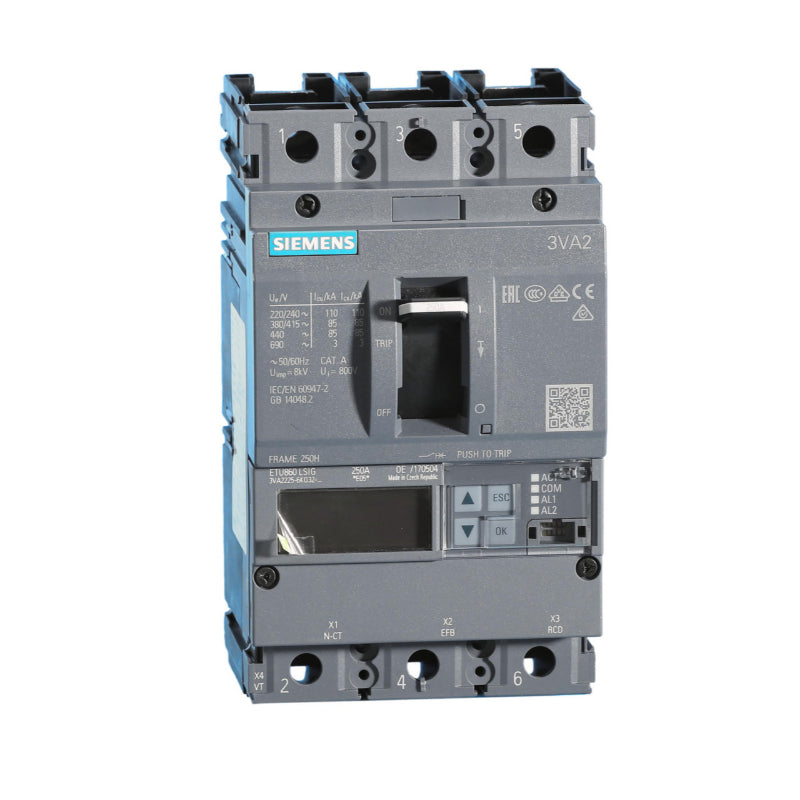 3VA2225-6KQ32-0AA0 Siemens 3VA Molded Case Circuit Breaker 250 A 3 Pole 690 VAC 250A Frame Electronic Lug 242 kA