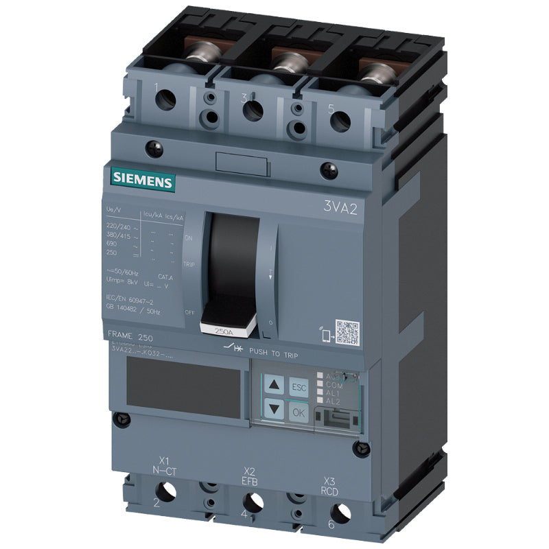 3VA2225-6KQ32-0AA0 Siemens 3VA Molded Case Circuit Breaker 250 A 3 Pole 690 VAC 250A Frame Electronic Lug 242 kA