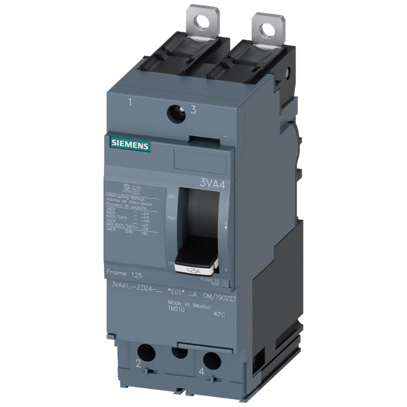 3VA4110-4ED24-0AA0 Siemens Sentron 3VA & SEAB Molded Case Circuit Breaker 100 A 2 Pole 480 VAC 125A Frame Thermal Magnetic Load Side Lug 65 kA