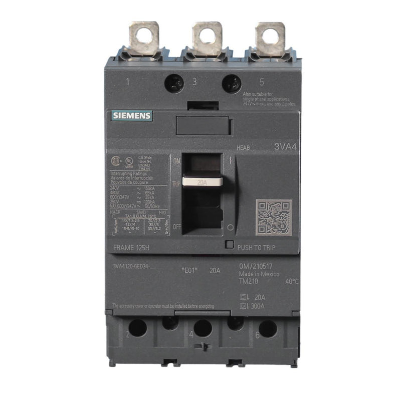 3VA4120-6ED34-0AA0 Siemens Sentron 3VA & HEAB Molded Case Circuit Breaker 20 A 3 Pole 600 VAC 125A Frame Thermal Magnetic Load Side Lug 150 kA