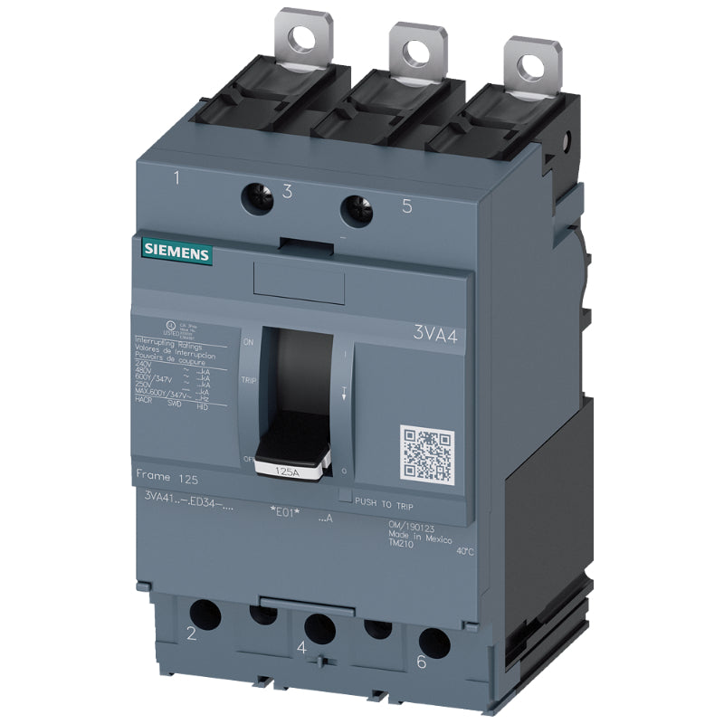 3VA4130-5ED34-0AA0 Siemens Sentron 3VA & MEAB Molded Case Circuit Breaker 30 A 3 Pole 600 VAC 125A Frame Thermal Magnetic Load Side Lug 85 kA