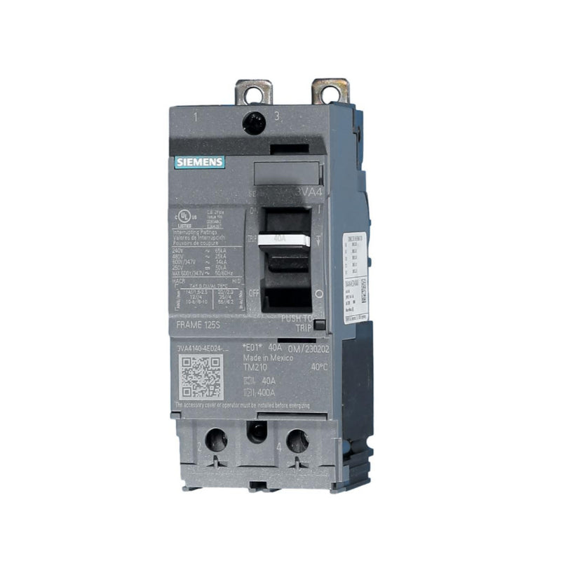 3VA4140-4ED24-0AA0 Siemens Sentron 3VA & SEAB Molded Case Circuit Breaker 40 A 2 Pole 480 VAC 125A Frame Thermal Magnetic Load Side Lug 65 kA