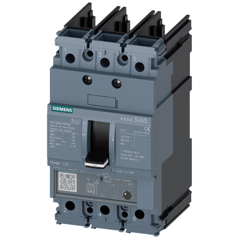 3VA5110-6EC31-0AA0 Siemens Sentron 3VA & HEAS Molded Case Circuit Breaker 100 A 3 Pole 690 VAC 125A Frame Thermal Magnetic 150 kA