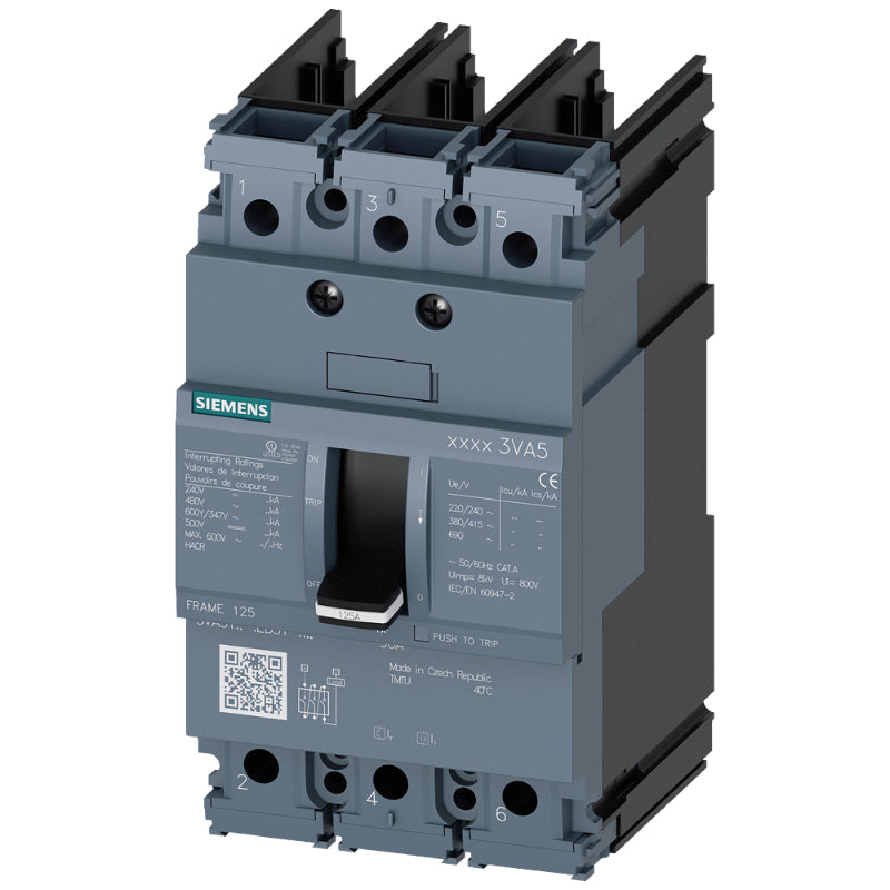 3VA5160-6ED31-0AA0 Siemens Sentron 3VA & HEAS Molded Case Circuit Breaker 60 A 3 Pole 690 VAC 125A Frame Thermal Magnetic Fixed Trip 150 kA