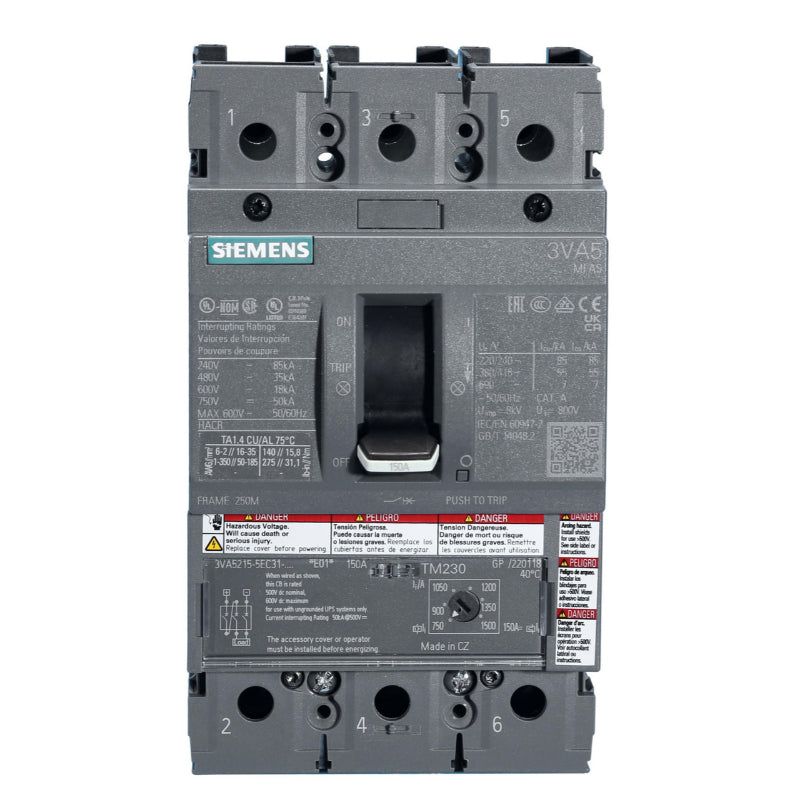 3VA5215-5EC31-0AA0 Siemens Sentron 3VA & MFAS Molded Case Circuit Breaker 150 A 3 Pole 690 VAC 250A Frame Thermal Magnetic Three Phase 85 kA