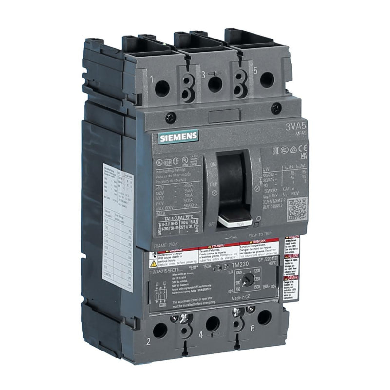 3VA5215-5EC31-0AA0 Siemens Sentron 3VA & MFAS Molded Case Circuit Breaker 150 A 3 Pole 690 VAC 250A Frame Thermal Magnetic Three Phase 85 kA