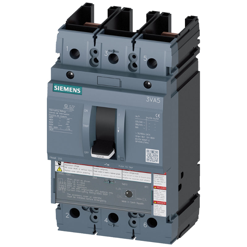 3VA5220-5ED61-0AA0 Siemens Sentron 3VA & MFAS Molded Case Circuit Breaker 200 A 2 Pole 690 VAC 250A Frame Thermal Magnetic Fixed Trip 85 kA