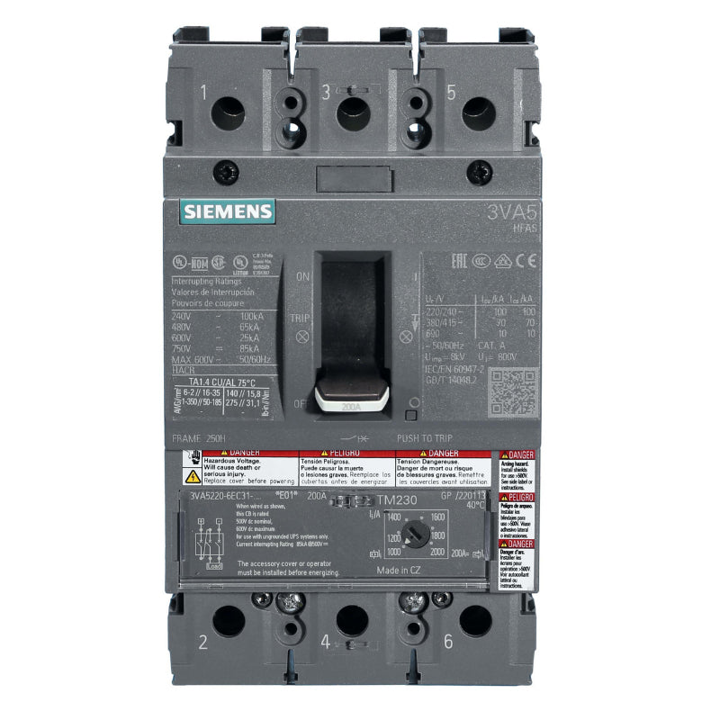 3VA5220-6EC31-0AA0 Siemens Sentron 3VA & HFAS Molded Case Circuit Breaker 200 A 3 Pole 690 VAC 250A Frame Thermal Magnetic 100 kA