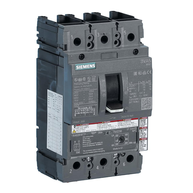 3VA5220-6EC31-0AA0 Siemens Sentron 3VA & HFAS Molded Case Circuit Breaker 200 A 3 Pole 690 VAC 250A Frame Thermal Magnetic 100 kA