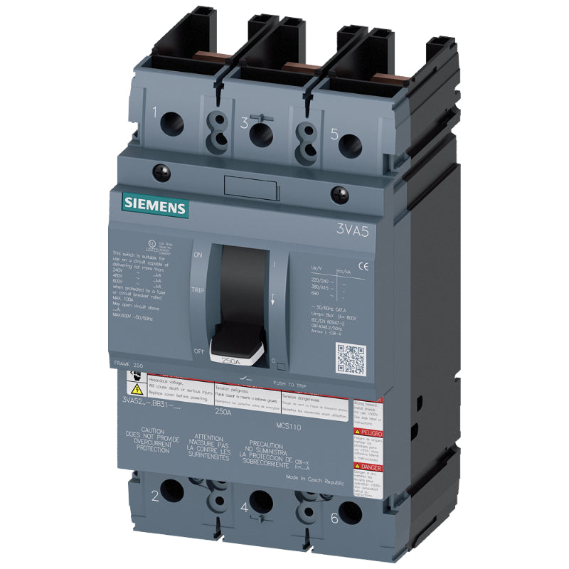 3VA5225-0BB31-0AA0 Siemens Sentron 3VA & HFAS Molded Case Circuit Breaker 250 A 3 Pole 690 VAC 250A Frame Magnetic 100 kA