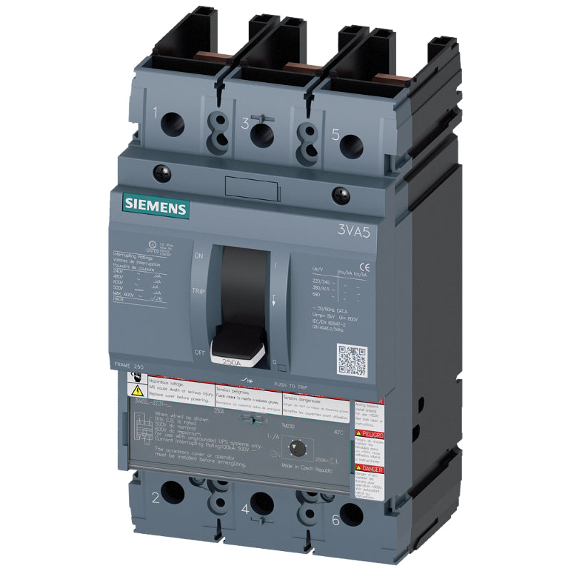 3VA5280-6EC31-0AA0 Siemens Sentron 3VA & HFAS Molded Case Circuit Breaker 80 A 3 Pole 690 VAC 250A Frame Thermal Magnetic 100 kA