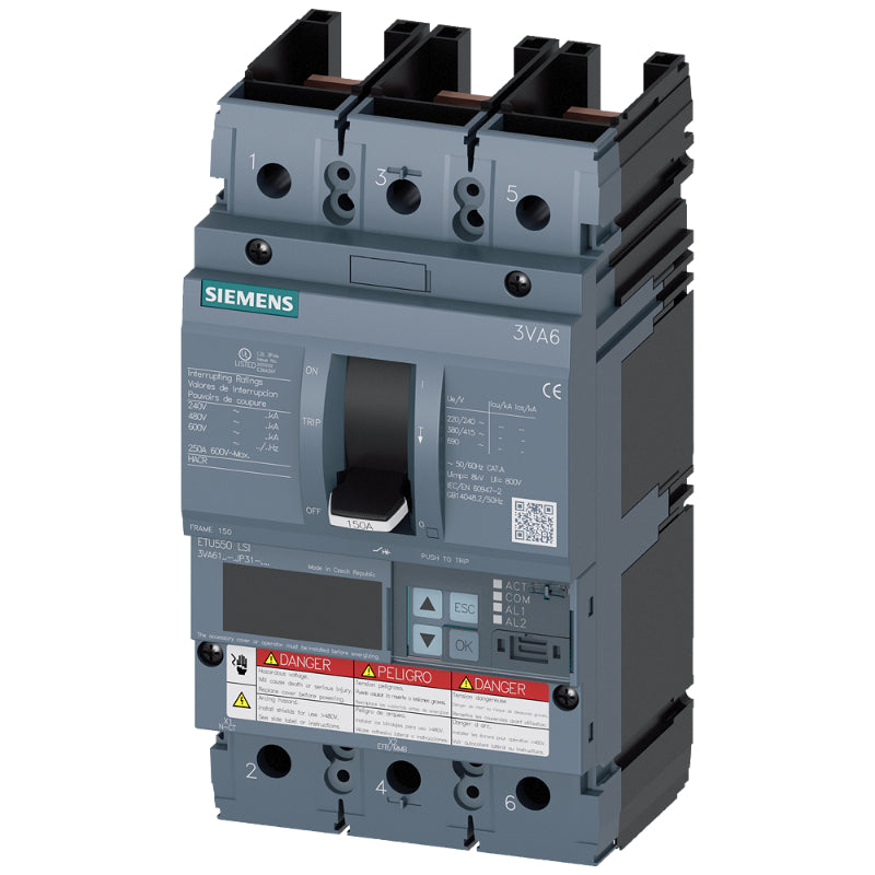 3VA6115-6JP31-0AA0 Siemens Sentron 3VA & HDAE Molded Case Circuit Breaker 150 A 3 Pole 690 VAC 150A Frame Electronic 100 kA