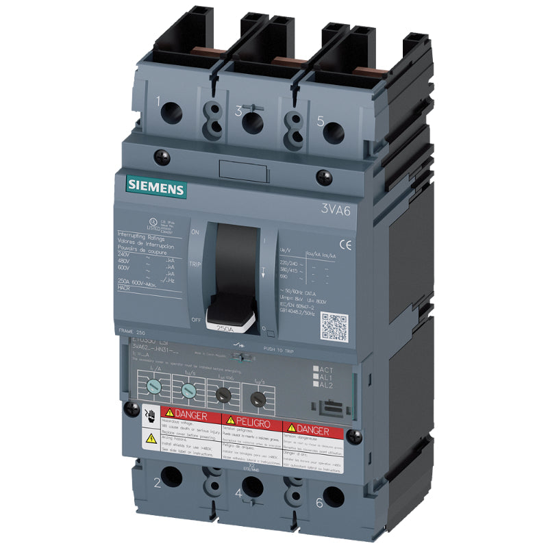 3VA6225-5HN31-0AA0 Siemens Sentron 3VA & MFAE Molded Case Circuit Breaker 250 A 3 Pole 690 VAC 250A Frame Electronic 100 kA