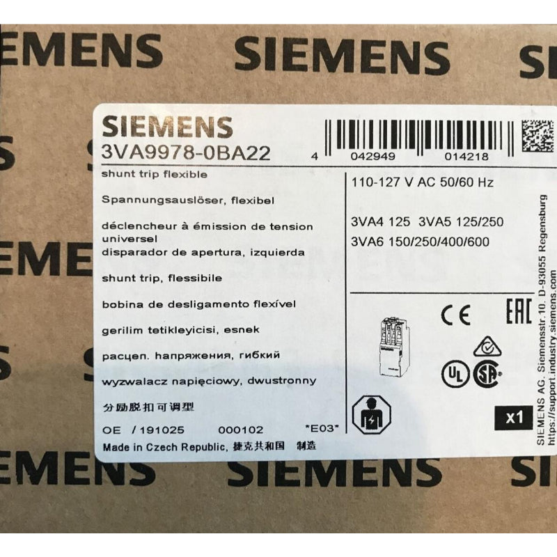 3VA9978-0BA22 Siemens Shunt Trip 20-16 AWG For 3VA4 / 3VA5 / 3VA6 Circuit Breaker Series