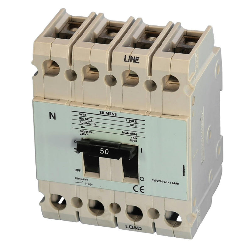 3VF2214-0JL41-0AA0 Siemens 3VF2 Molded Case Circuit Breaker 50 A 4 Pole 415 VAC Line and Load Side Lug 18 kA