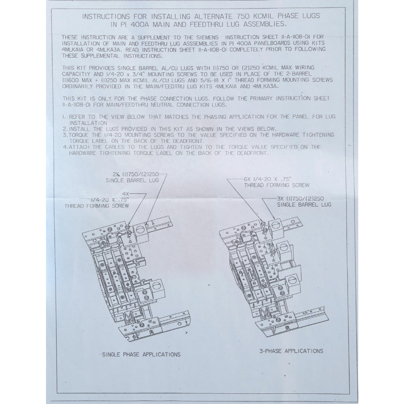 4MLKA3A Siemens Main Lug Kit 400 A For Revised P1 Panel Board 3P Feed Through Mount