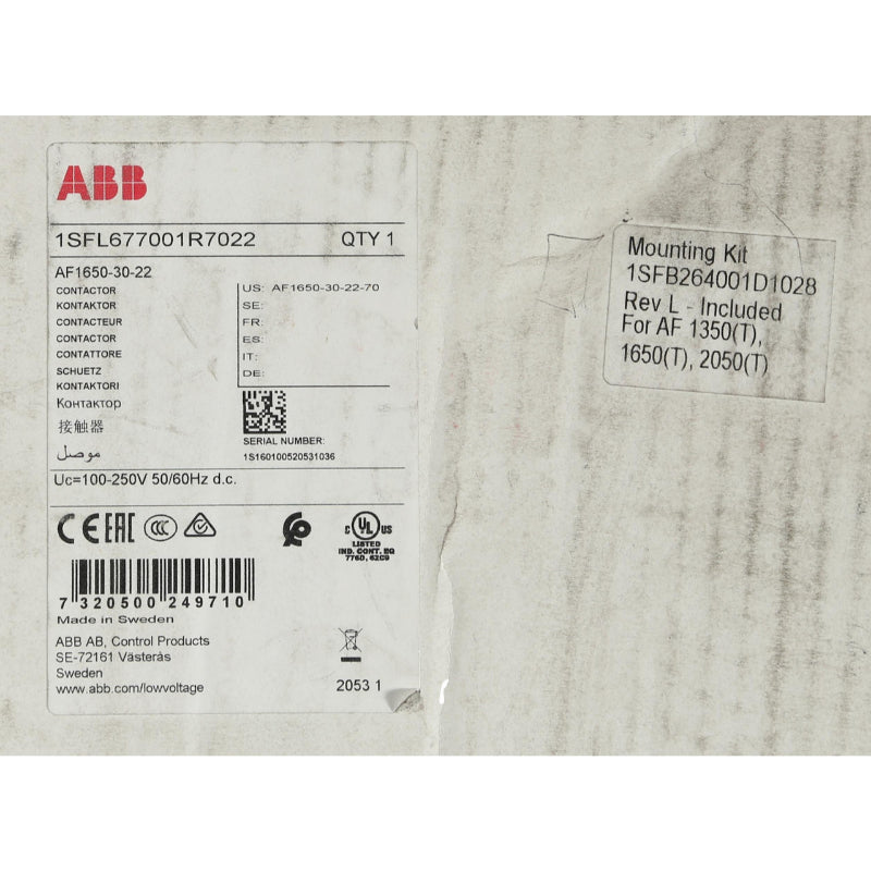 AF1650-30-22-70 ABB Contactor 1000 V 3P Three Phase 100 to 250 VAC/DC @ 50/60 Hz