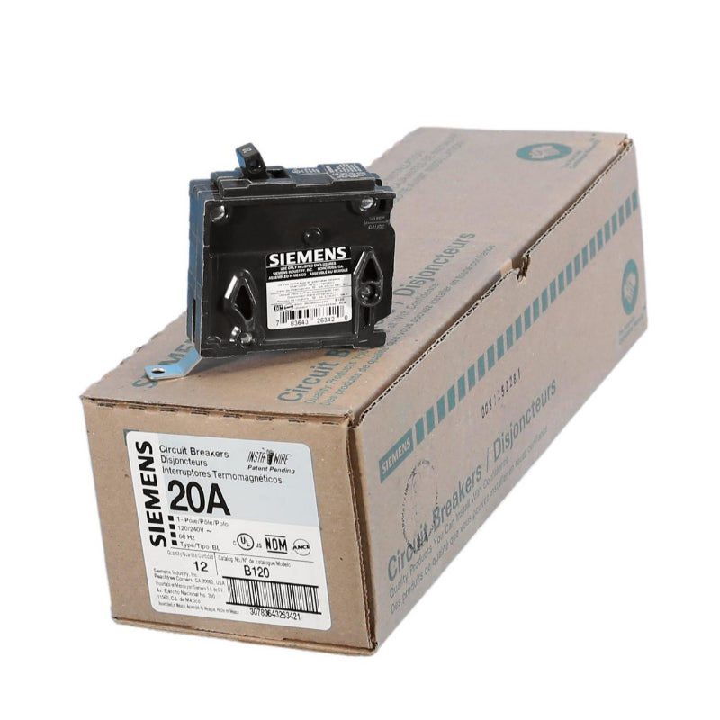 B120 Siemens BL Molded Case Circuit Breaker 20 A 1 Pole 120/240 VAC BL 125A Frame Thermal Magnetic Load Side Lug Bolt-On 10 kA