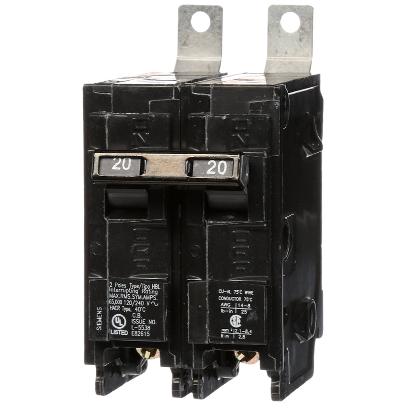 B220HH Siemens HBL Molded Case Circuit Breaker 20 A 2 Pole 120/240 VAC BL 125A Frame Thermal Magnetic Load Side Lug 65 kA