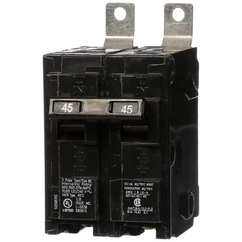 B245 Siemens BL Molded Case Circuit Breaker 45 A 2 Pole 120/240 VAC BL 125A Frame Thermal Magnetic Load Side Lug 10 kA