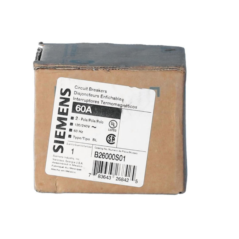 B26000S01 Siemens BL Molded Case Circuit Breaker 60 A 2 Pole 120/240 VAC BL 125A Frame Thermal Magnetic Load Side Lug 10 kA
