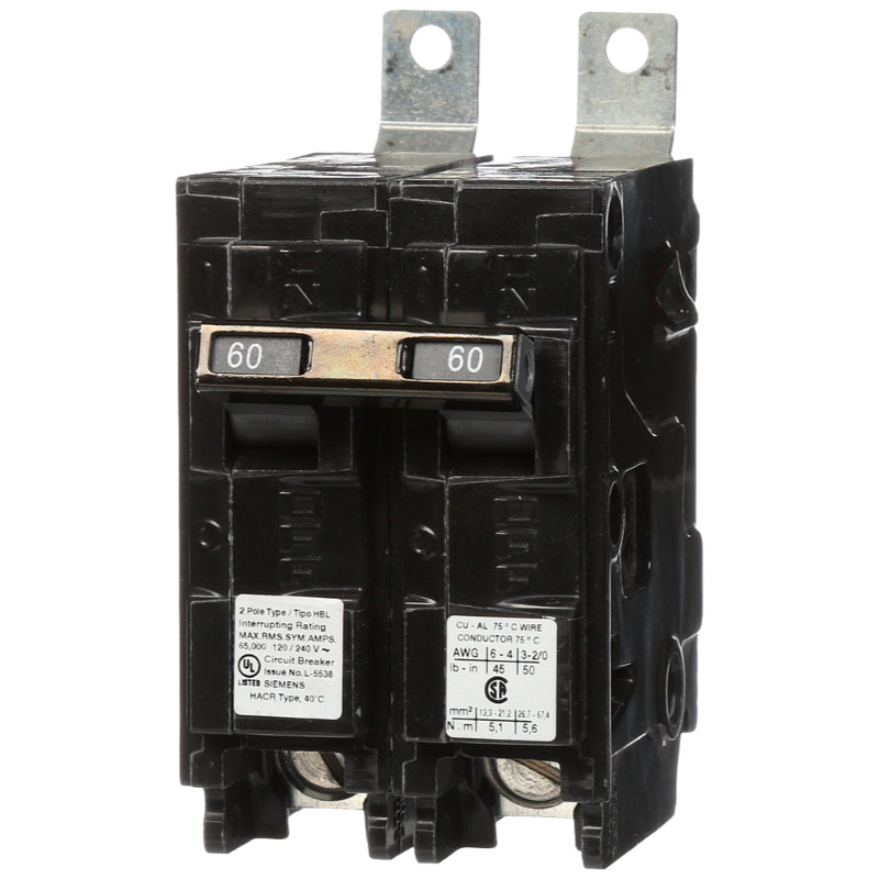 B260HH Siemens HBL Molded Case Circuit Breaker 60 A 2 Pole 120/240 VAC BL 125A Frame Thermal Magnetic Load Side Lug 65 kA
