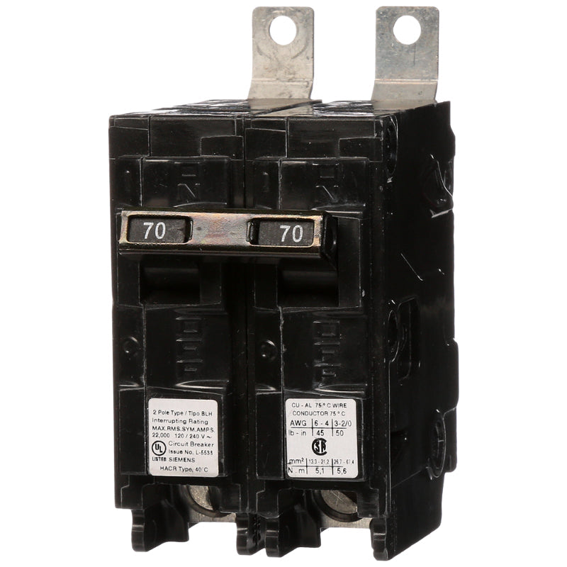 B270H Siemens BLH Molded Case Circuit Breaker 70 A 2 Pole 120/240 VAC BL 125A Frame Thermal Magnetic Load Side Lug 22 kA