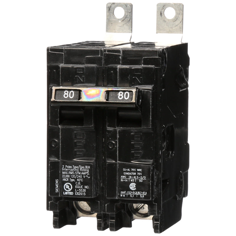 B280H Siemens BLH Molded Case Circuit Breaker 80 A 2 Pole 120/240 VAC BL 125A Frame Thermal Magnetic Load Side Lug 22 kA
