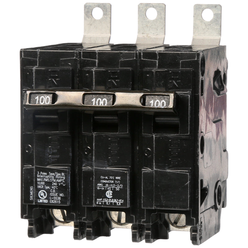 B3100 Siemens BL Molded Case Circuit Breaker 100 A 3 Pole 240 VAC BL 125A Frame Thermal Magnetic Load Side Lug Bolt-On 10 kA