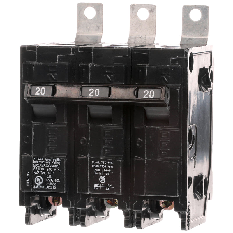 B320HH Siemens HBL Molded Case Circuit Breaker 20 A 3 Pole 240 VAC BL 125A Frame Thermal Magnetic Load Side Lug 65 kA