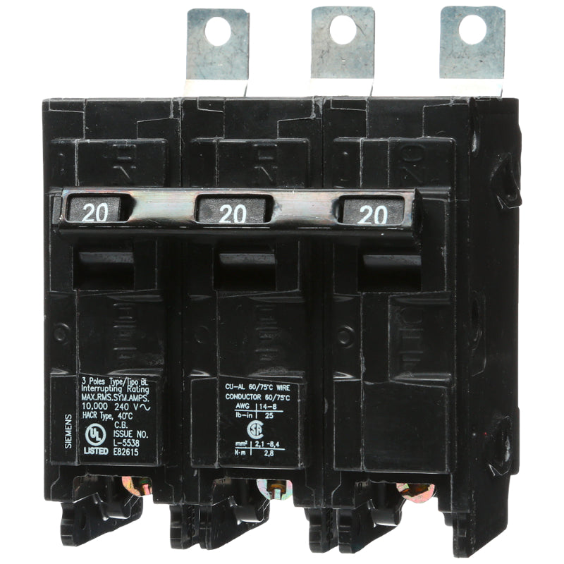 B320 Siemens BL Molded Case Circuit Breaker 20 A 3 Pole 240 VAC BL 125A Frame Thermal Magnetic Load Side Lug Bolt-On 10 kA