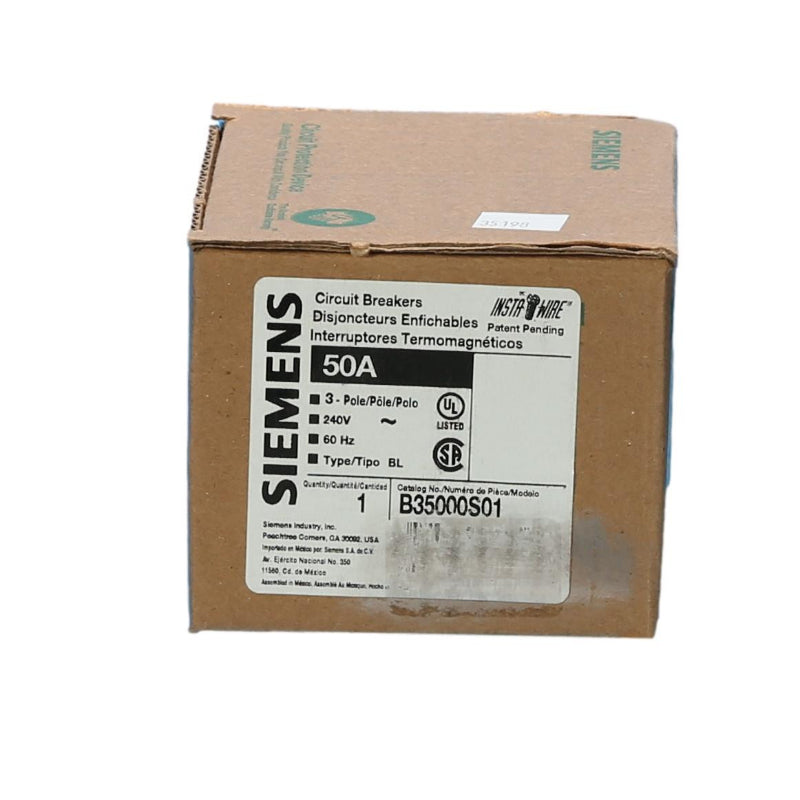 B35000S01 Siemens BL Molded Case Circuit Breaker 50 A 3 Pole 240 VAC BL 125A Frame Thermal Magnetic Load Side Lug 10 kA