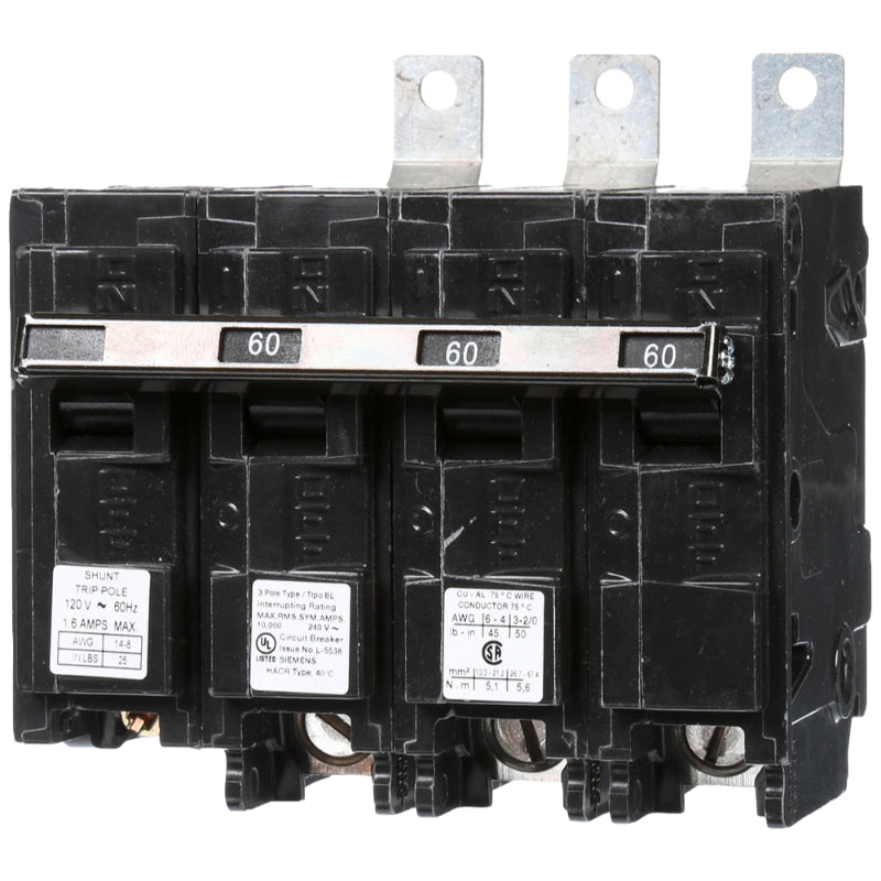 B36000S01 Siemens BL Molded Case Circuit Breaker 60 A 3 Pole 240 VAC BL 125A Frame Thermal Magnetic Load Side Lug 10 kA