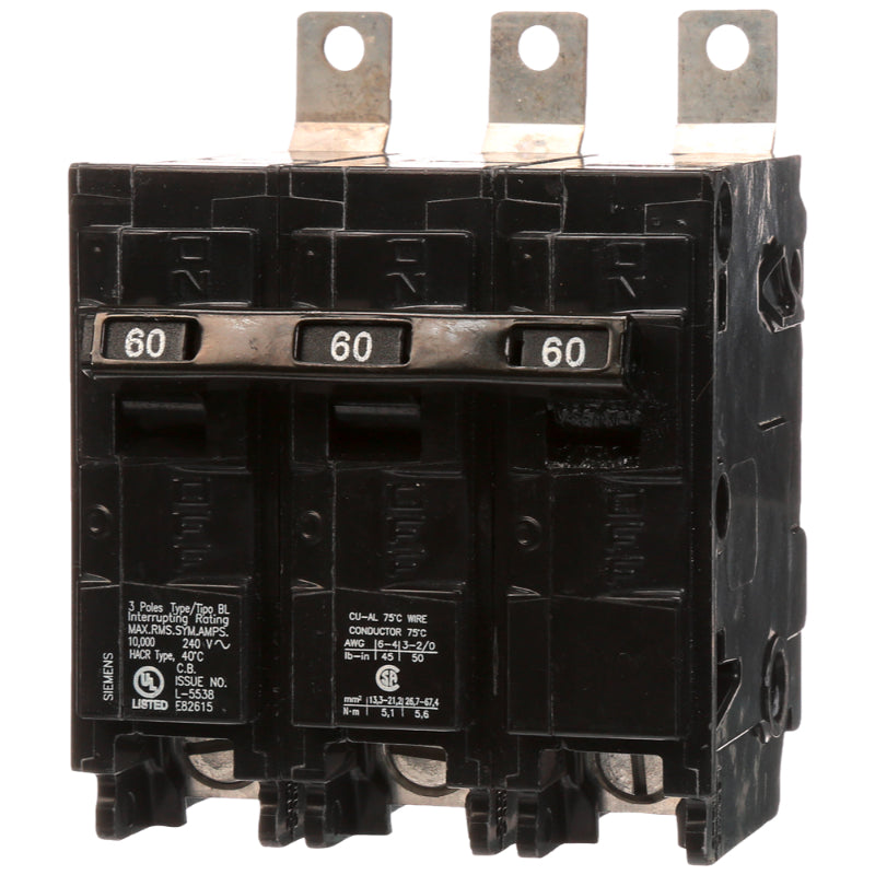 B360 Siemens BL Molded Case Circuit Breaker 60 A 3 Pole 240 VAC BL 125A Frame Thermal Magnetic Load Side Lug Bolt-On 10 kA