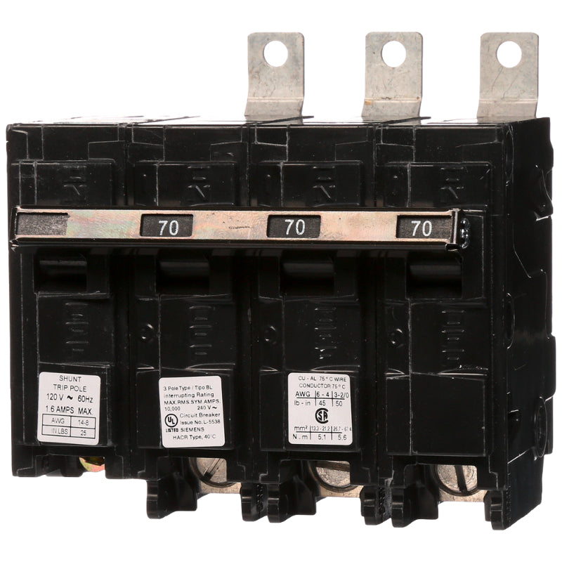B37000S01 Siemens BL Molded Case Circuit Breaker 70 A 3 Pole 240 VAC BL 125A Frame Thermal Magnetic Load Side Lug 10 kA