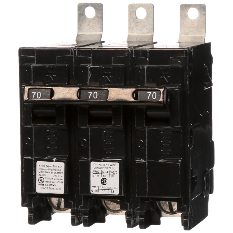 B370H Siemens BLH Molded Case Circuit Breaker 70 A 3 Pole 240 VAC BL 125A Frame Thermal Magnetic Load Side Lug 22 kA