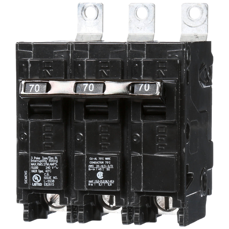 B370 Siemens BL Molded Case Circuit Breaker 70 A 3 Pole 240 VAC BL 125A Frame Thermal Magnetic Load Side Lug Bolt-On 10 kA