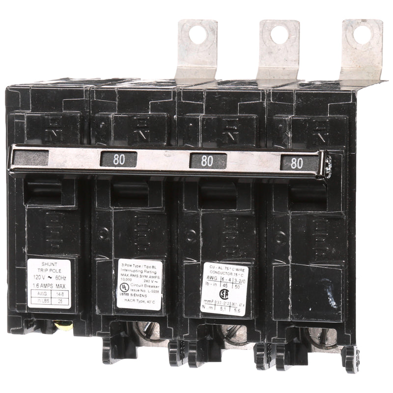 B38000S01 Siemens BL Molded Case Circuit Breaker 80 A 3 Pole 240 VAC BL 125A Frame Thermal Magnetic Load Side Lug 10 kA