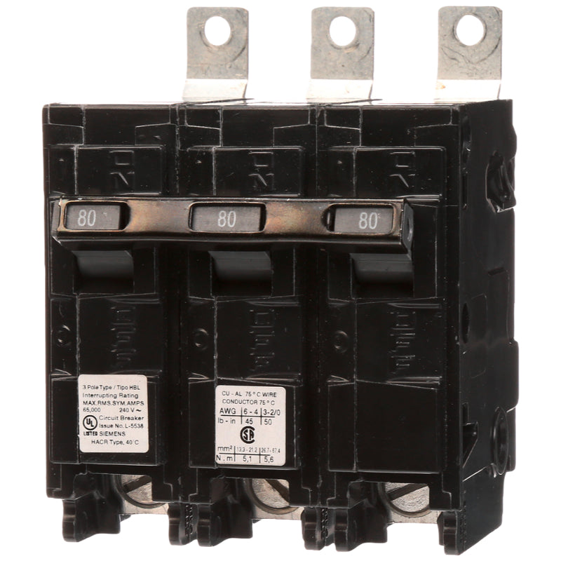 B380HH Siemens HBL Molded Case Circuit Breaker 80 A 3 Pole 240 VAC BL 125A Frame Thermal Magnetic Load Side Lug 65 kA