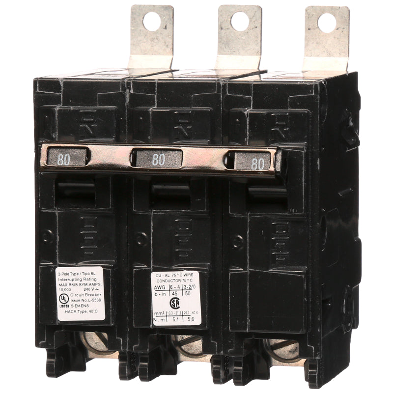 B380 Siemens BL Molded Case Circuit Breaker 80 A 3 Pole 240 VAC BL 125A Frame Thermal Magnetic Load Side Lug Bolt-On 10 kA