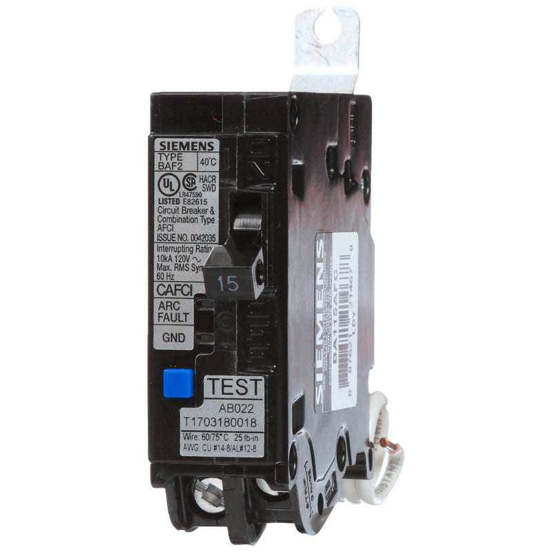 BA115AFC Siemens BAF2 Combination Type Arc-Fault Circuit Interrupter 15 A 1 Pole 120 VAC EQ Frame Electronic Load Side Lug 10 kA