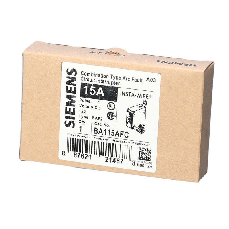 BA115AFC Siemens BAF2 Combination Type Arc-Fault Circuit Interrupter 15 A 1 Pole 120 VAC EQ Frame Electronic Load Side Lug 10 kA