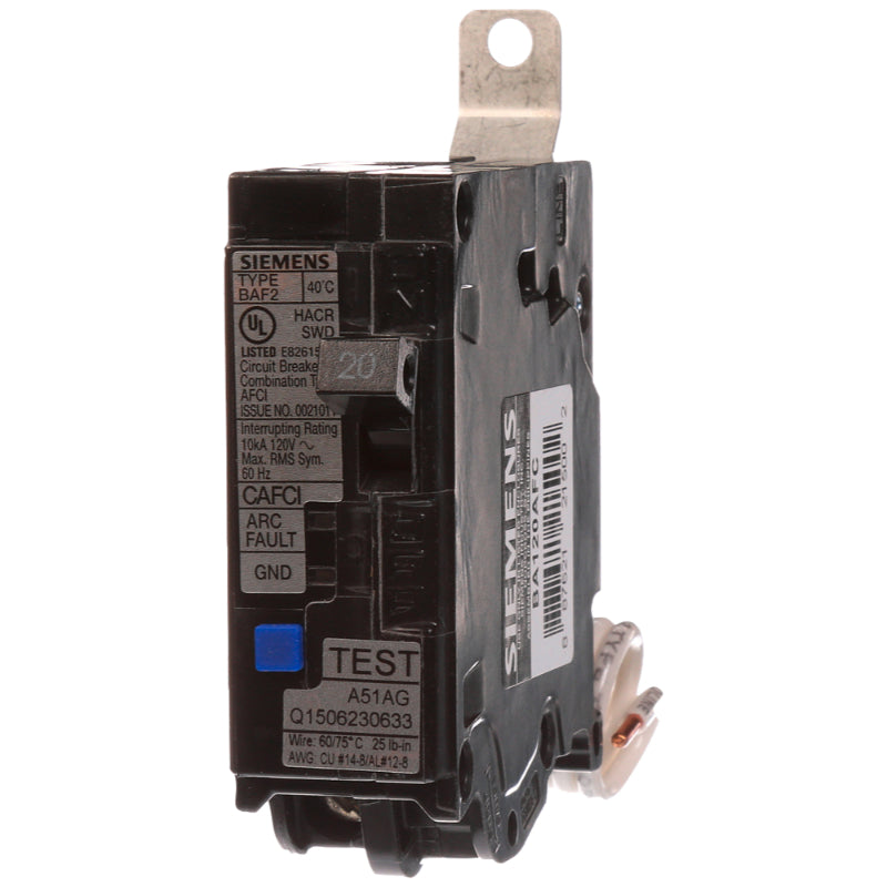 BA120AFC Siemens BAF2 Combination Type Arc-Fault Circuit Interrupter 20 A 1 Pole 120 VAC EQ Frame Thermal Magnetic/Electronic Load Side Lug 10 kA
