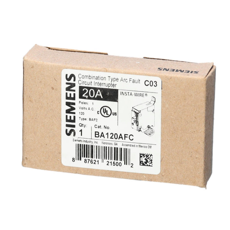 BA120AFC Siemens BAF2 Combination Type Arc-Fault Circuit Interrupter 20 A 1 Pole 120 VAC EQ Frame Thermal Magnetic/Electronic Load Side Lug 10 kA