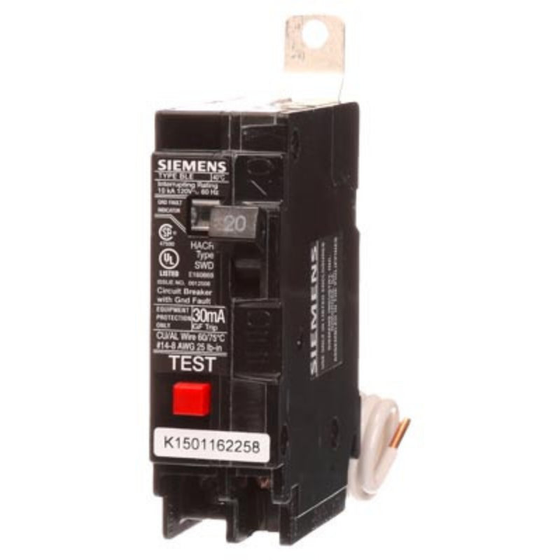 BE120 Siemens BLE2 Ground Fault Circuit Breaker 20 A 1 Pole 120 VAC Thermal Magnetic/Electronic Lug 10 kA