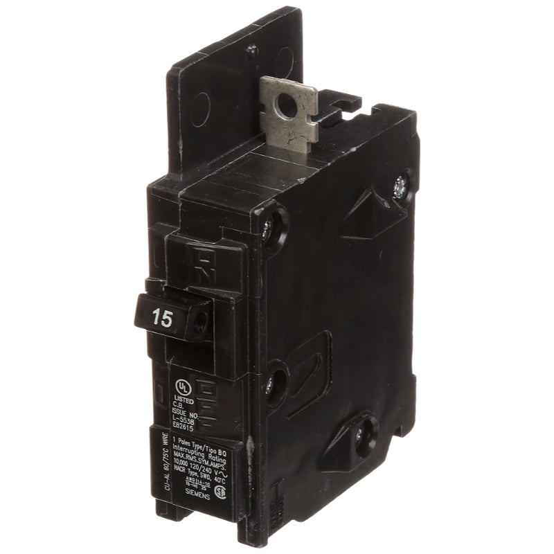 BQ1B015 Siemens BQ Molded Case Circuit Breaker 15 A 1 Pole 120/240 VAC Thermal Magnetic Load Side Lug 10 kA
